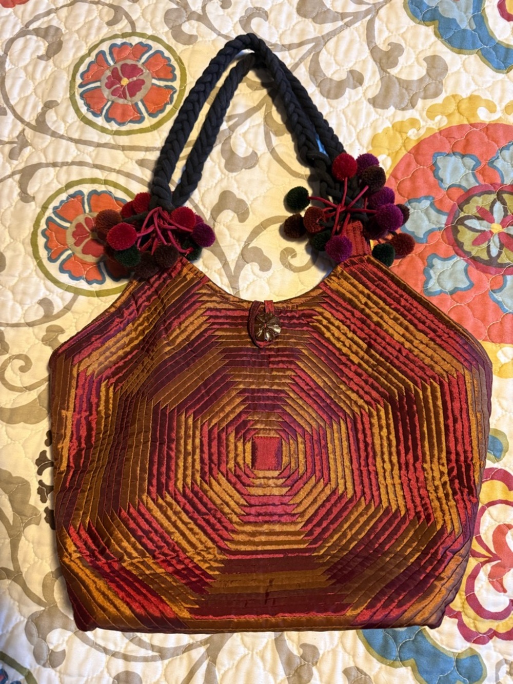 Boho Geometric Quilted Tote Bag in Burgundy & Gold